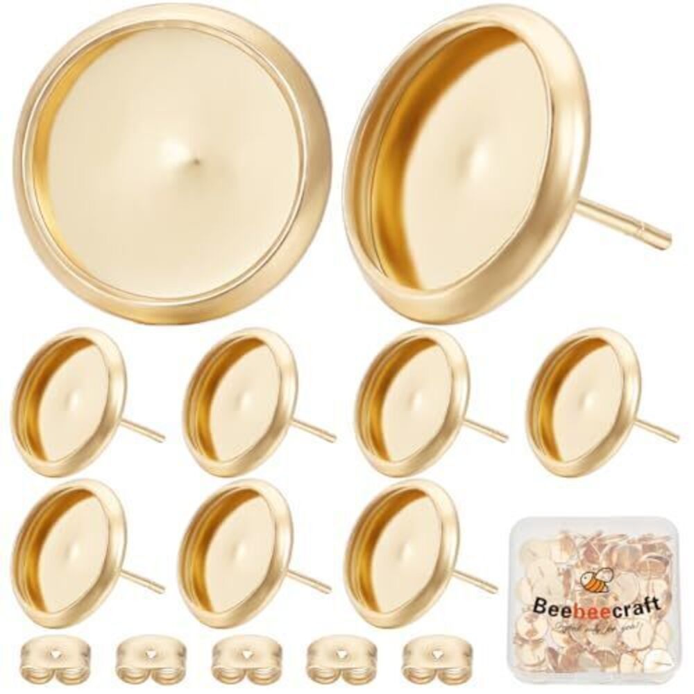 3371 1 Box 50Pcs Earring Bezels Trays 18K Gold Plated Blanks Round Cabochon